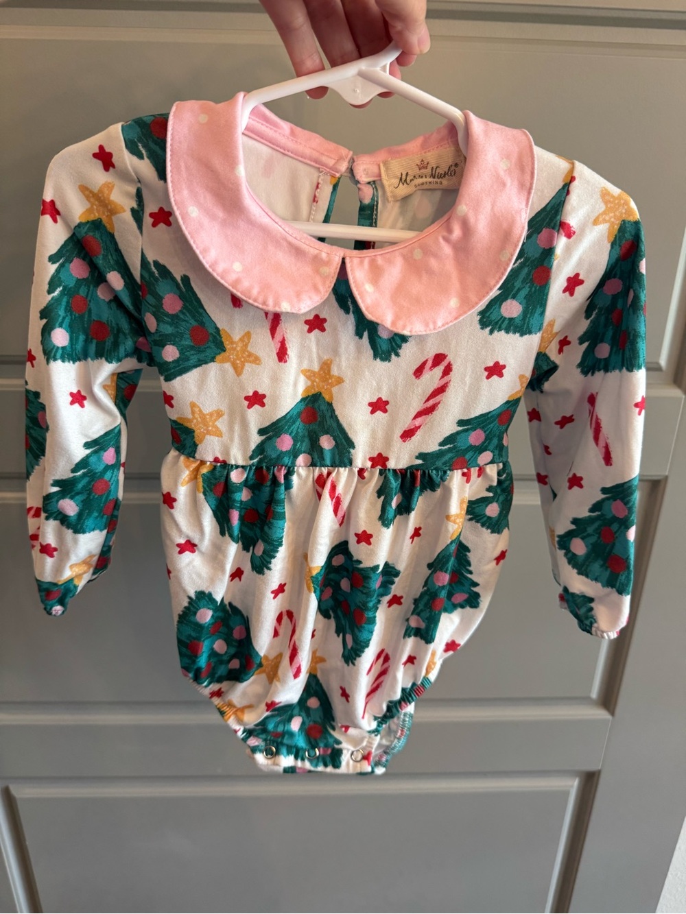 Christmas Tree Print Baby Romper bubble with Pink Peter Pan Collar